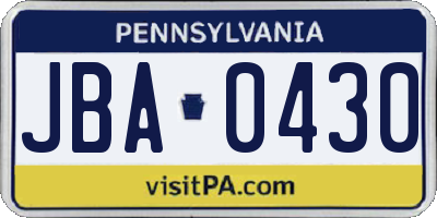 PA license plate JBA0430