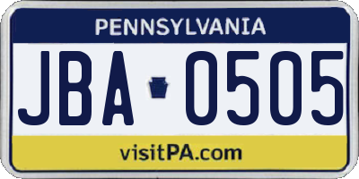PA license plate JBA0505