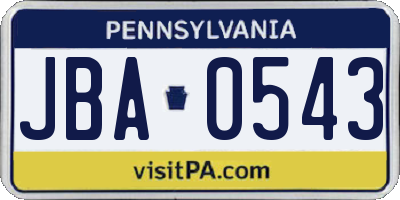 PA license plate JBA0543