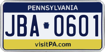 PA license plate JBA0601