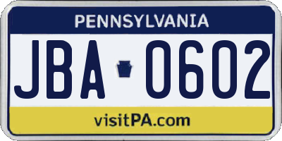 PA license plate JBA0602