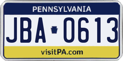 PA license plate JBA0613