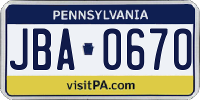 PA license plate JBA0670