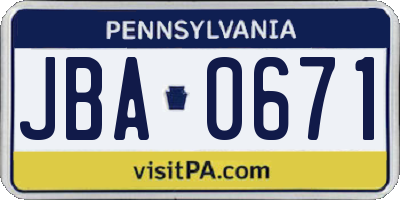 PA license plate JBA0671