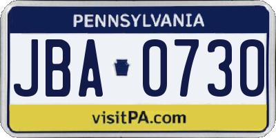 PA license plate JBA0730