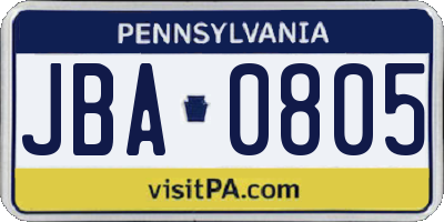 PA license plate JBA0805