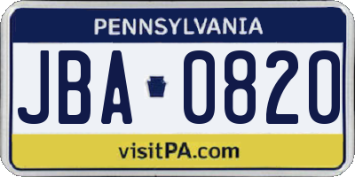 PA license plate JBA0820