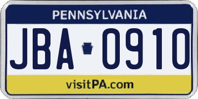 PA license plate JBA0910