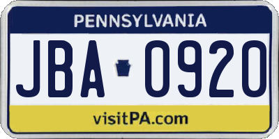 PA license plate JBA0920