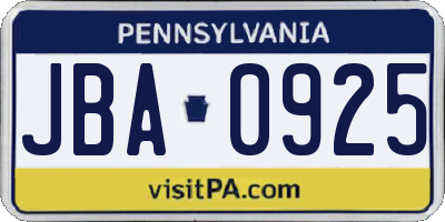 PA license plate JBA0925