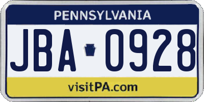 PA license plate JBA0928
