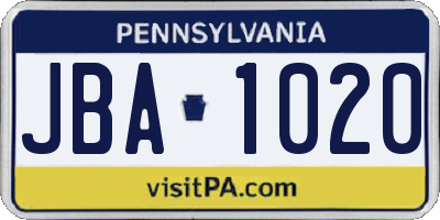 PA license plate JBA1020