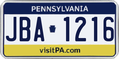 PA license plate JBA1216
