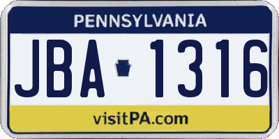 PA license plate JBA1316
