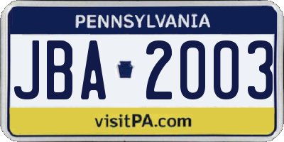 PA license plate JBA2003