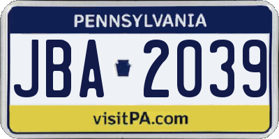 PA license plate JBA2039
