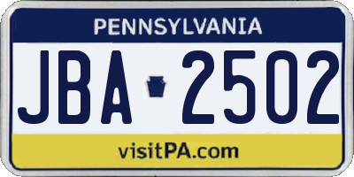 PA license plate JBA2502
