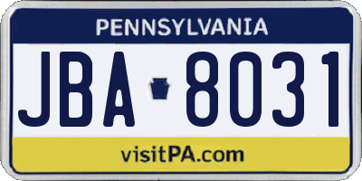 PA license plate JBA8031