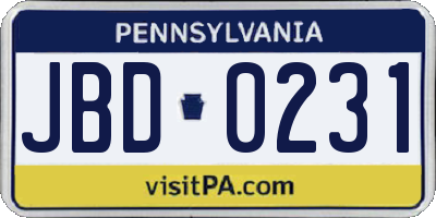 PA license plate JBD0231