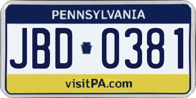 PA license plate JBD0381