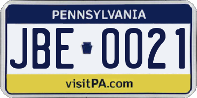 PA license plate JBE0021