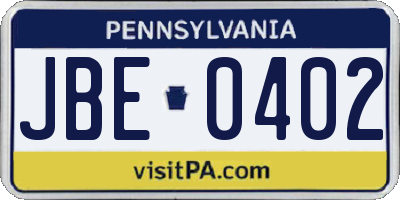 PA license plate JBE0402