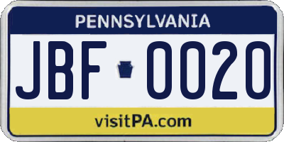 PA license plate JBF0020
