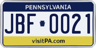 PA license plate JBF0021