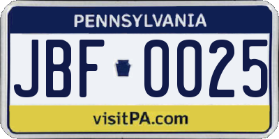 PA license plate JBF0025