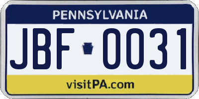 PA license plate JBF0031