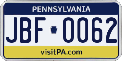PA license plate JBF0062