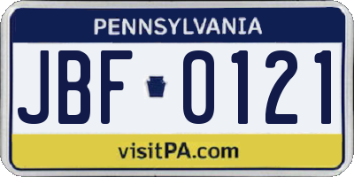 PA license plate JBF0121
