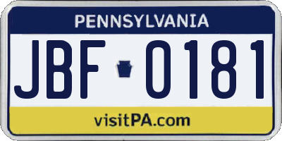 PA license plate JBF0181
