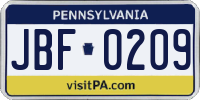 PA license plate JBF0209
