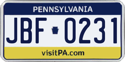 PA license plate JBF0231