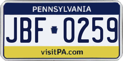 PA license plate JBF0259