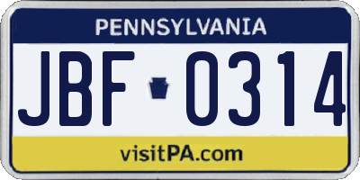 PA license plate JBF0314