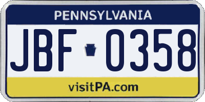 PA license plate JBF0358