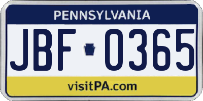 PA license plate JBF0365