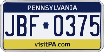 PA license plate JBF0375