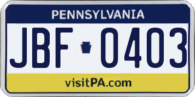 PA license plate JBF0403