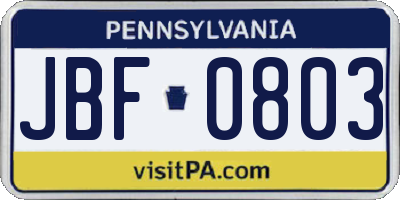 PA license plate JBF0803