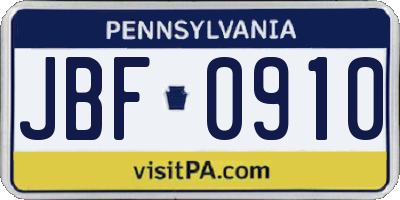 PA license plate JBF0910