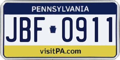 PA license plate JBF0911