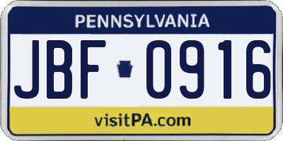 PA license plate JBF0916