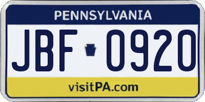 PA license plate JBF0920