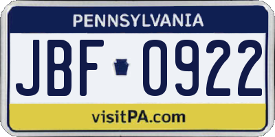 PA license plate JBF0922