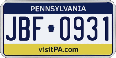 PA license plate JBF0931