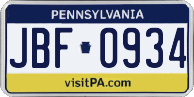 PA license plate JBF0934