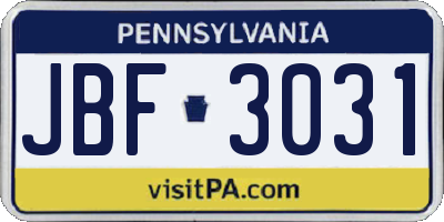 PA license plate JBF3031